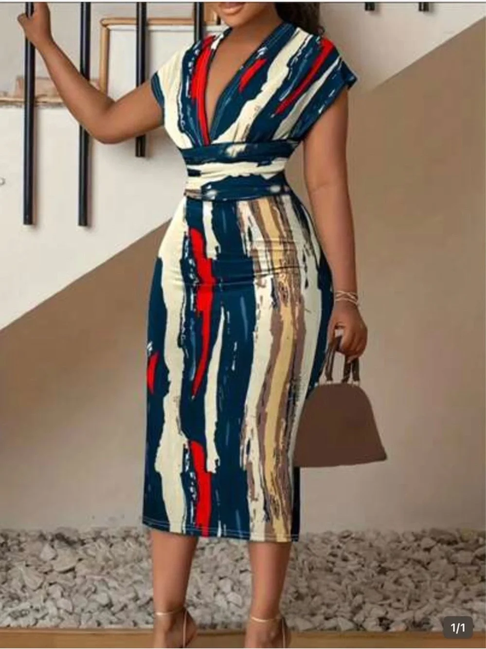 SHEIN Navy Blue Red Cream Abstract Print Midi Dress - Picture 1 of 1